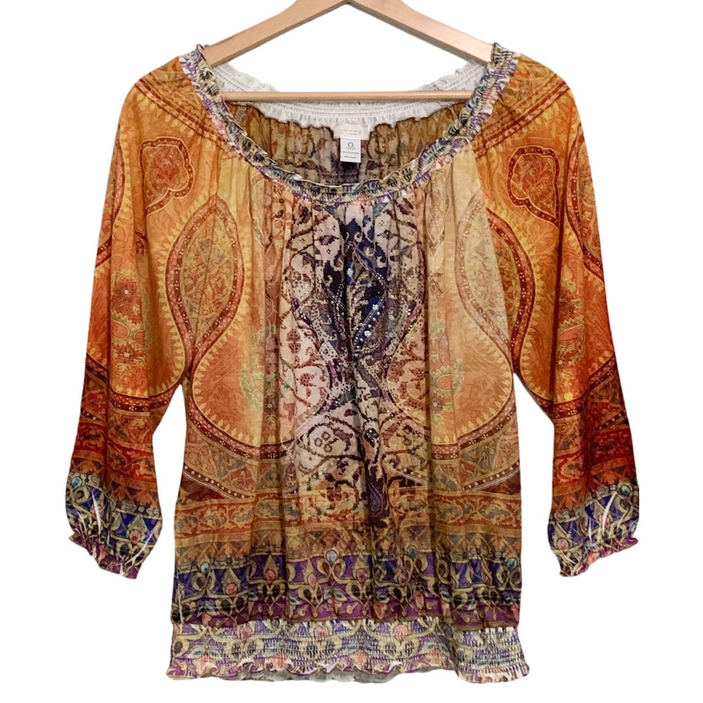 Chico's Lightweight Semi-Sheer Moroccan View Studded Peasant Top Size Small - Picture 2 of 13